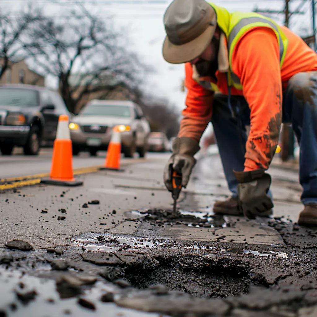 A worker expertly repairing a pothole, emphasizing the safety improvements achieved through asphalt maintenance