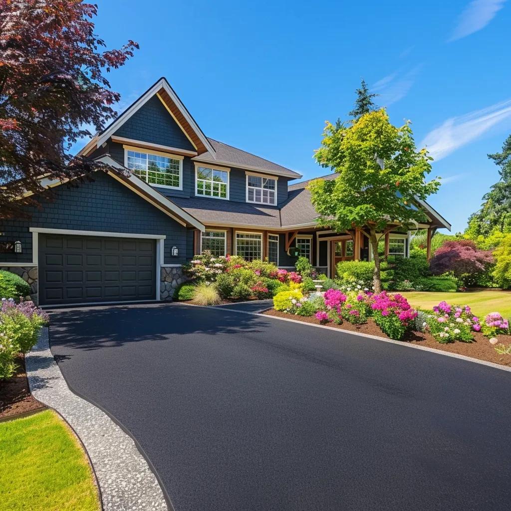 A newly sealed asphalt driveway significantly enhancing the curb appeal of a residential property