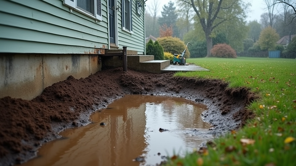 suburban home during heavy rainfall with obvious drainage issues.