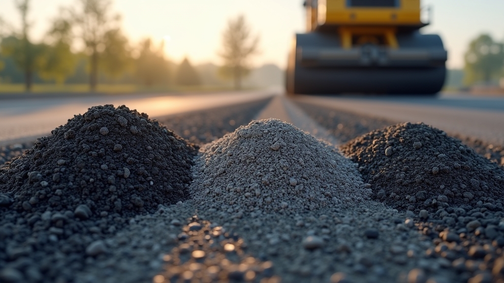 Piles of different asphalt aggregates in foreground with road roller in background, illustrating materials for asphalt mix types and construction methods.